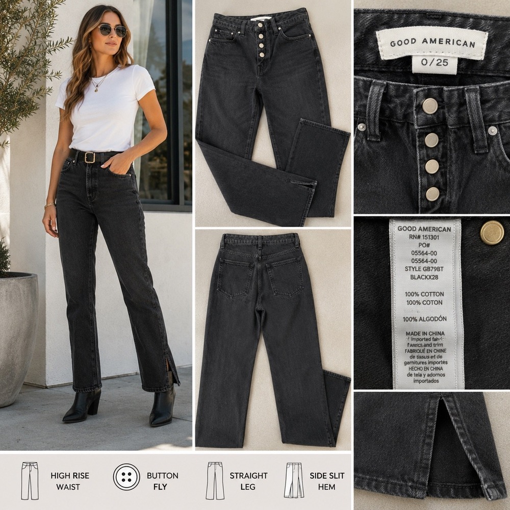 Good American Good 90s Jeans 0/25 Washed Black Double Waistband Cutout GB79BT